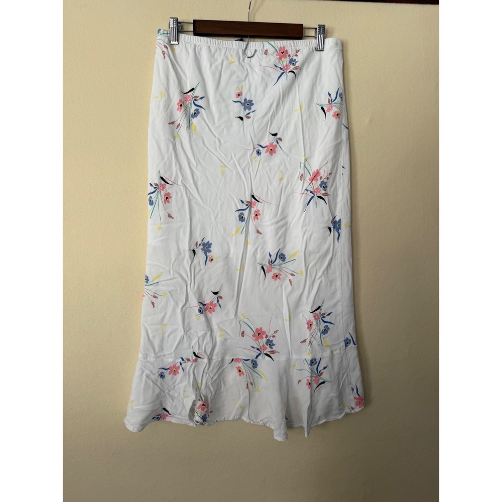 Vylette Floral Midi Skirt White Pink Blue Ruffle Slit XL Cottagecore Summer